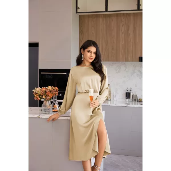 GRACE KARIN Womens Long Sleeve Satin Wedding Guest Dress with Slit Elegant Boat Neck High Waist ALine Midi DressApricot