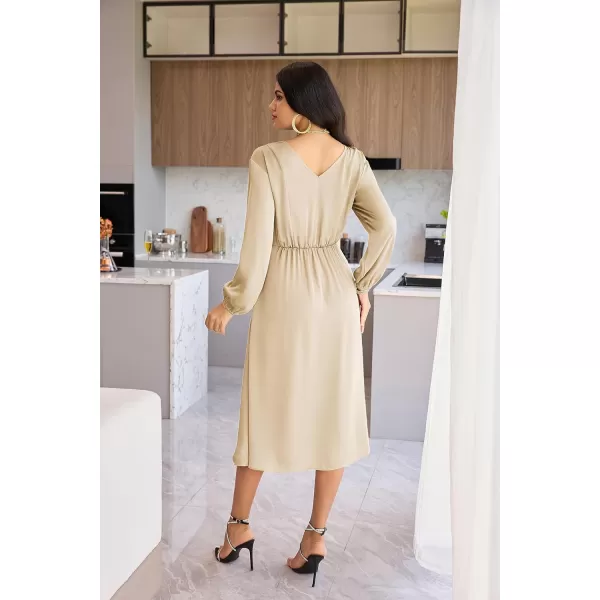 GRACE KARIN Womens Long Sleeve Satin Wedding Guest Dress with Slit Elegant Boat Neck High Waist ALine Midi DressApricot