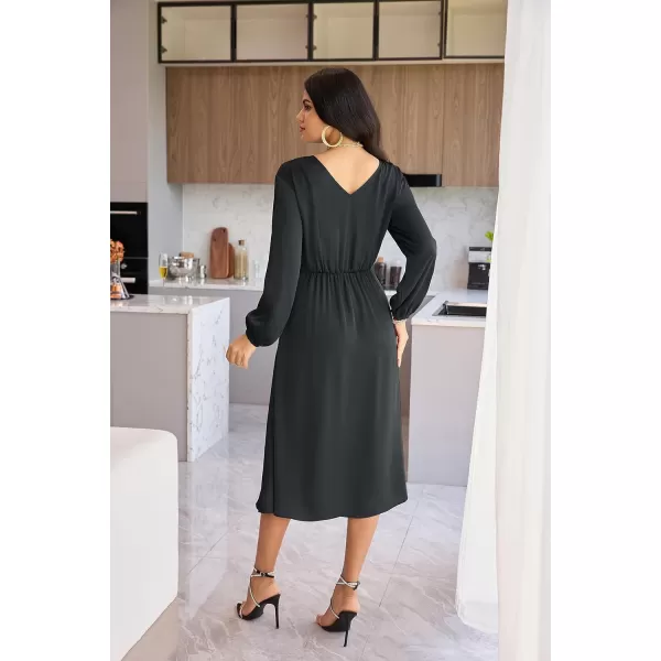 GRACE KARIN Womens Long Sleeve Satin Wedding Guest Dress with Slit Elegant Boat Neck High Waist ALine Midi DressBlack