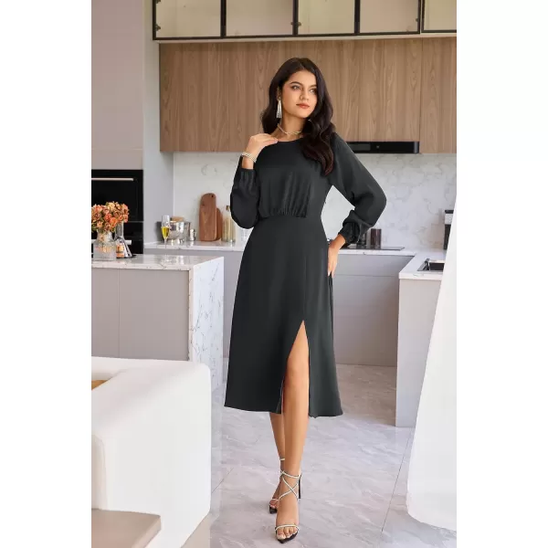 GRACE KARIN Womens Long Sleeve Satin Wedding Guest Dress with Slit Elegant Boat Neck High Waist ALine Midi DressBlack