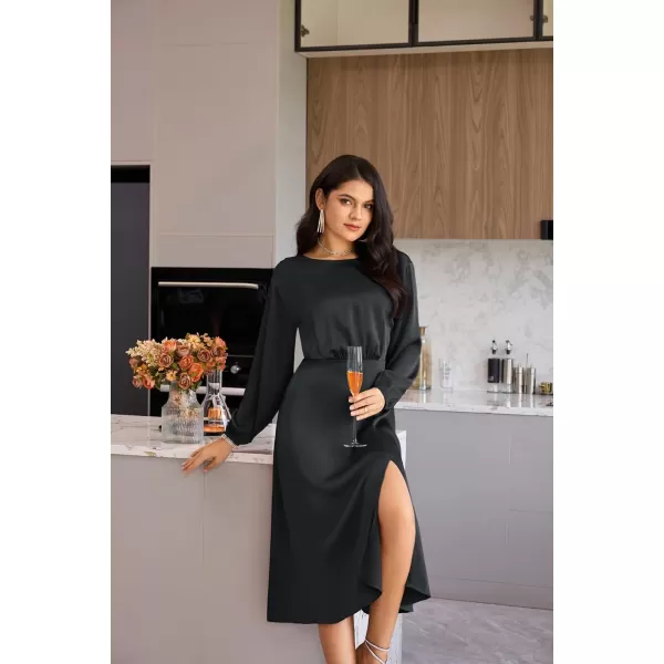 GRACE KARIN Womens Long Sleeve Satin Wedding Guest Dress with Slit Elegant Boat Neck High Waist ALine Midi DressBlack