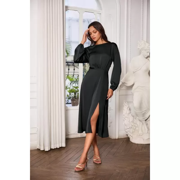 GRACE KARIN Womens Long Sleeve Satin Wedding Guest Dress with Slit Elegant Boat Neck High Waist ALine Midi DressBlack