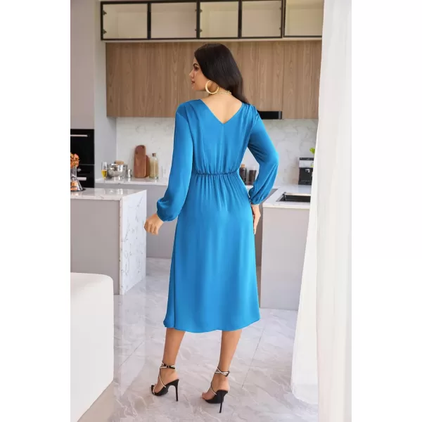 GRACE KARIN Womens Long Sleeve Satin Wedding Guest Dress with Slit Elegant Boat Neck High Waist ALine Midi DressBlue