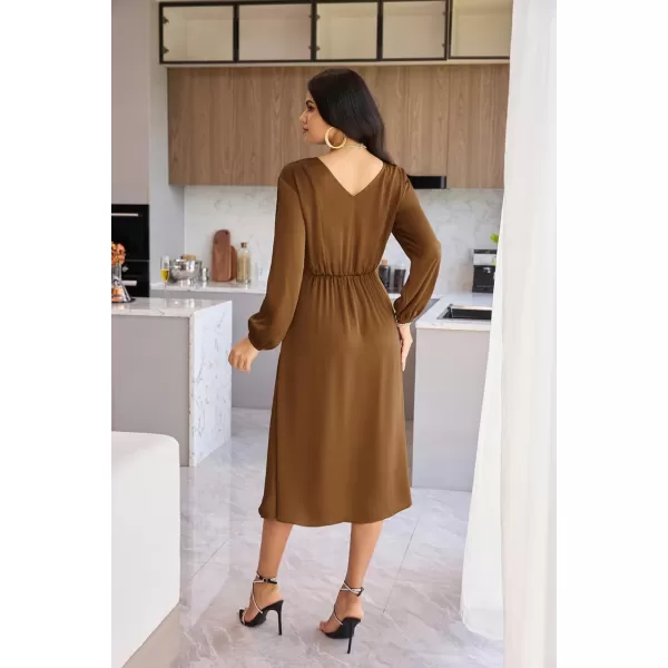 GRACE KARIN Womens Long Sleeve Satin Wedding Guest Dress with Slit Elegant Boat Neck High Waist ALine Midi DressBrown