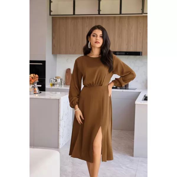 GRACE KARIN Womens Long Sleeve Satin Wedding Guest Dress with Slit Elegant Boat Neck High Waist ALine Midi DressBrown