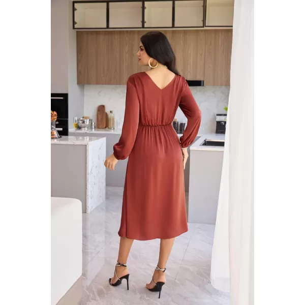 GRACE KARIN Womens Long Sleeve Satin Wedding Guest Dress with Slit Elegant Boat Neck High Waist ALine Midi DressBurgundy