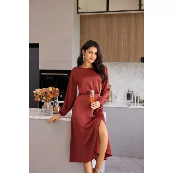 GRACE KARIN Womens Long Sleeve Satin Wedding Guest Dress with Slit Elegant Boat Neck High Waist ALine Midi DressBurgundy