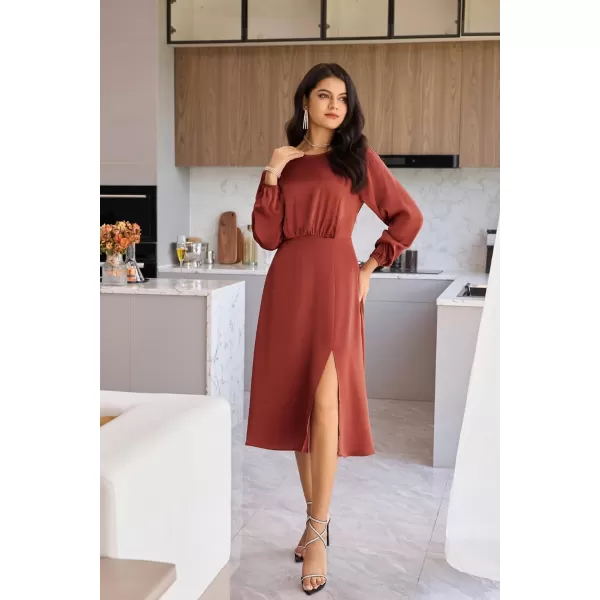 GRACE KARIN Womens Long Sleeve Satin Wedding Guest Dress with Slit Elegant Boat Neck High Waist ALine Midi DressBurgundy