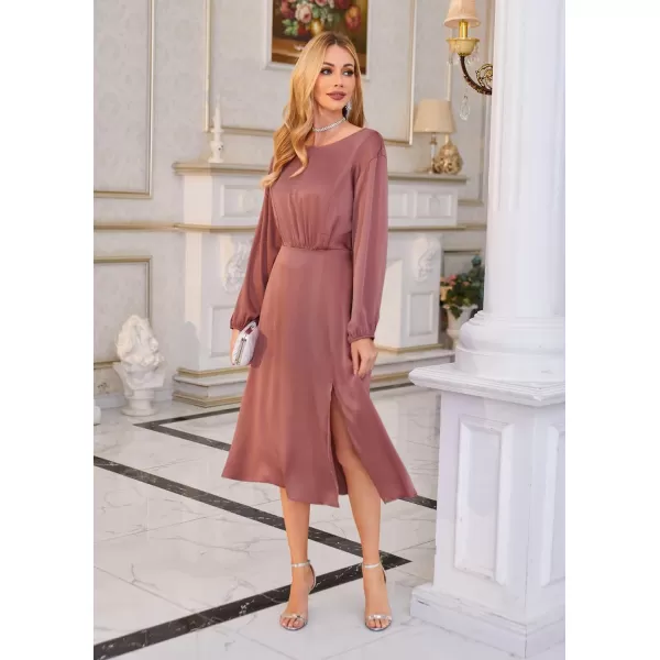 GRACE KARIN Womens Long Sleeve Satin Wedding Guest Dress with Slit Elegant Boat Neck High Waist ALine Midi DressDusty Pink