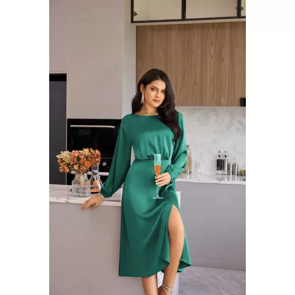 GRACE KARIN Womens Long Sleeve Satin Wedding Guest Dress with Slit Elegant Boat Neck High Waist ALine Midi DressGreen