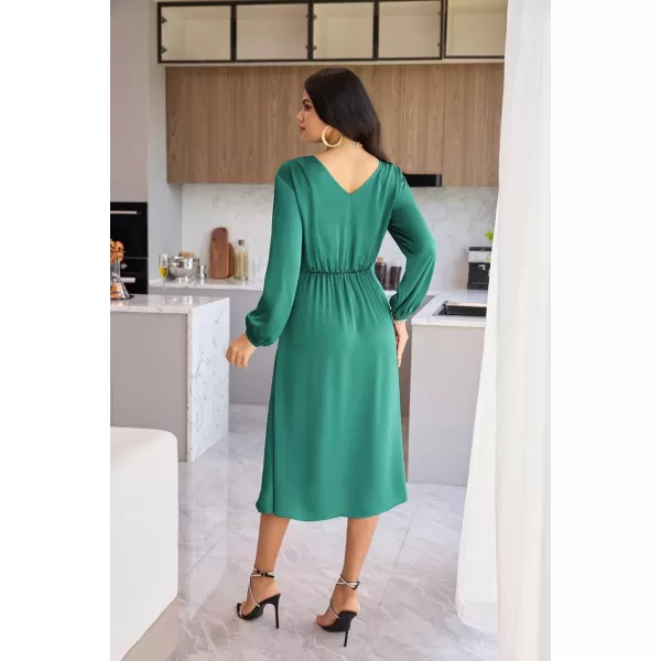 GRACE KARIN Womens Long Sleeve Satin Wedding Guest Dress with Slit Elegant Boat Neck High Waist ALine Midi DressGreen