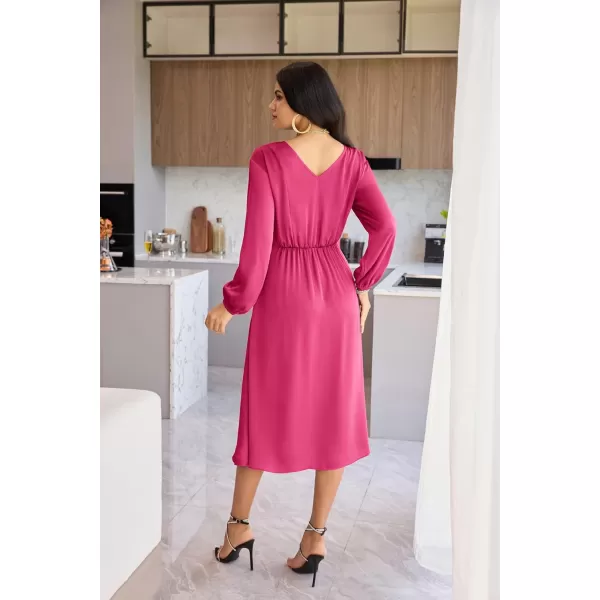 GRACE KARIN Womens Long Sleeve Satin Wedding Guest Dress with Slit Elegant Boat Neck High Waist ALine Midi DressHot Pink