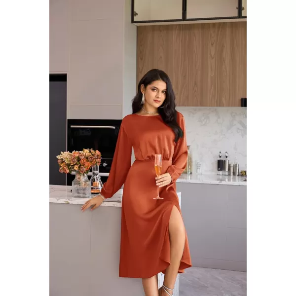 GRACE KARIN Womens Long Sleeve Satin Wedding Guest Dress with Slit Elegant Boat Neck High Waist ALine Midi DressOrange Red