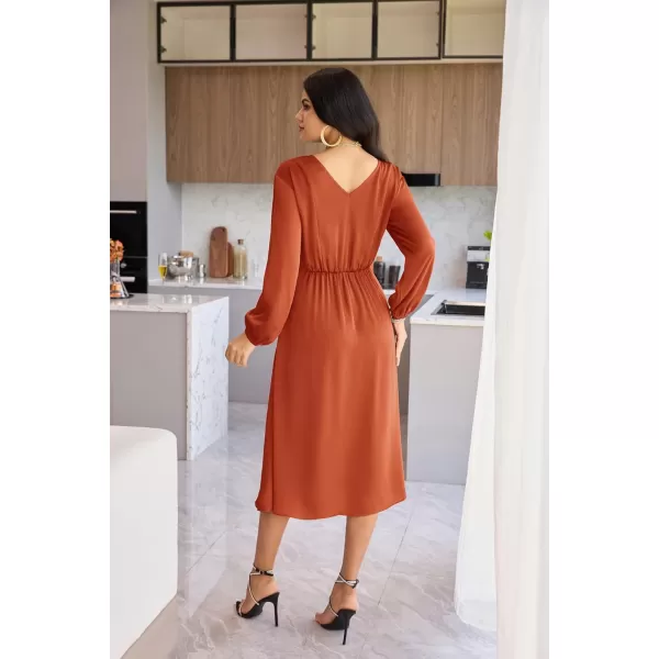 GRACE KARIN Womens Long Sleeve Satin Wedding Guest Dress with Slit Elegant Boat Neck High Waist ALine Midi DressOrange Red
