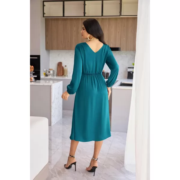GRACE KARIN Womens Long Sleeve Satin Wedding Guest Dress with Slit Elegant Boat Neck High Waist ALine Midi DressPeacock Blue