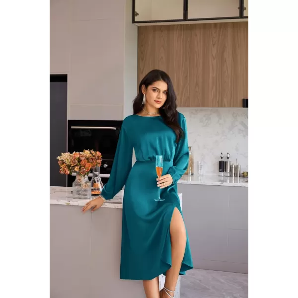GRACE KARIN Womens Long Sleeve Satin Wedding Guest Dress with Slit Elegant Boat Neck High Waist ALine Midi DressPeacock Blue