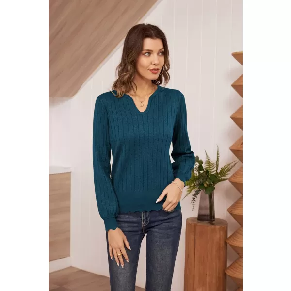GRACE KARIN Womens Long Sleeve Scalloped Sweater HollowedOut Textured KnitwearLong Sleevedenim Blue