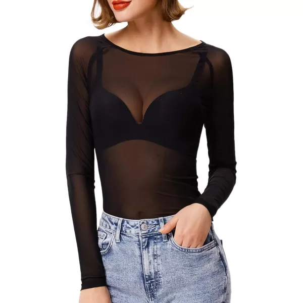 GRACE KARIN Womens Long Sleeve See Through Mesh Sheer Top Blouse ShirtBlack