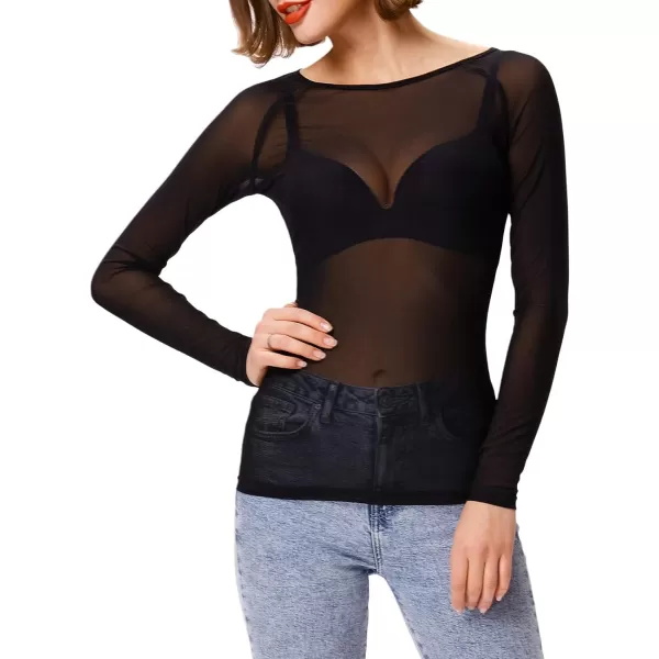 GRACE KARIN Womens Long Sleeve See Through Mesh Sheer Top Blouse ShirtBlack