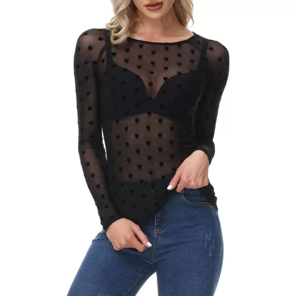 GRACE KARIN Womens Long Sleeve See Through Mesh Sheer Top Blouse ShirtBlack Heart