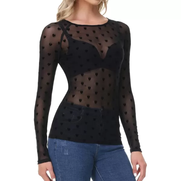 GRACE KARIN Womens Long Sleeve See Through Mesh Sheer Top Blouse ShirtBlack Heart