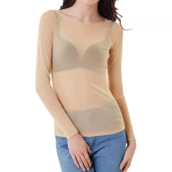 GRACE KARIN Womens Long Sleeve See Through Mesh Sheer Top Blouse ShirtNude