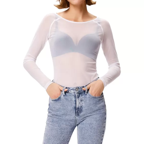 GRACE KARIN Womens Long Sleeve See Through Mesh Sheer Top Blouse ShirtWhite