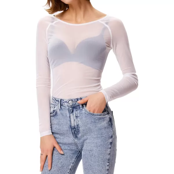 GRACE KARIN Womens Long Sleeve See Through Mesh Sheer Top Blouse ShirtWhite