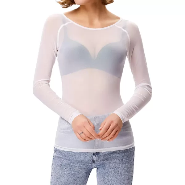 GRACE KARIN Womens Long Sleeve See Through Mesh Sheer Top Blouse ShirtWhite