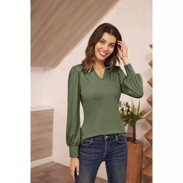 GRACE KARIN Womens Long Sleeve Shirts VNeck Ruch Slim Fit BlousesArmy Green