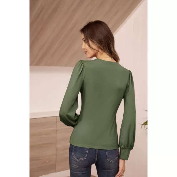 GRACE KARIN Womens Long Sleeve Shirts VNeck Ruch Slim Fit BlousesArmy Green