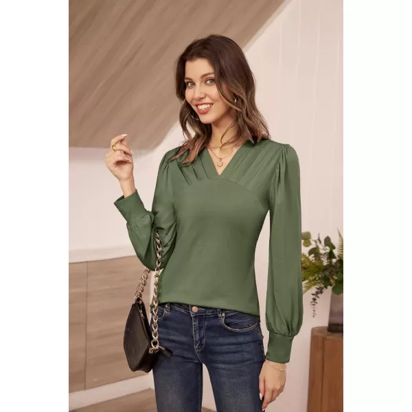 GRACE KARIN Womens Long Sleeve Shirts VNeck Ruch Slim Fit BlousesArmy Green