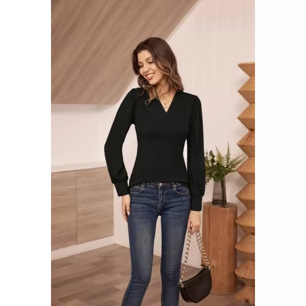 GRACE KARIN Womens Long Sleeve Shirts VNeck Ruch Slim Fit BlousesBlack