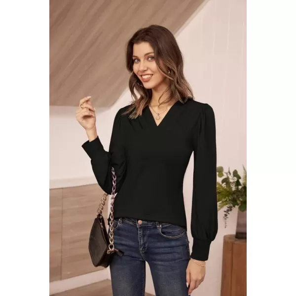 GRACE KARIN Womens Long Sleeve Shirts VNeck Ruch Slim Fit BlousesBlack