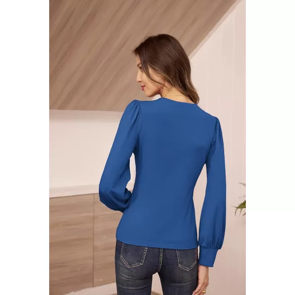 GRACE KARIN Womens Long Sleeve Shirts VNeck Ruch Slim Fit BlousesJewel Blue