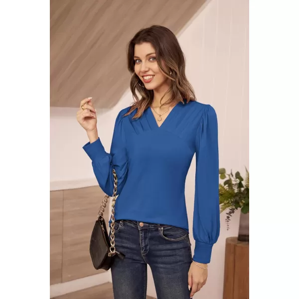 GRACE KARIN Womens Long Sleeve Shirts VNeck Ruch Slim Fit BlousesJewel Blue