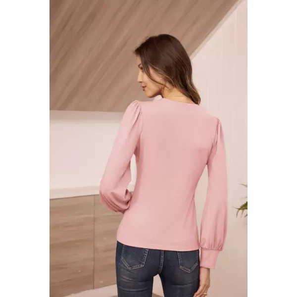 GRACE KARIN Womens Long Sleeve Shirts VNeck Ruch Slim Fit BlousesPink