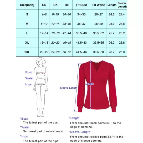 GRACE KARIN Womens Long Sleeve Shirts VNeck Ruch Slim Fit BlousesRed