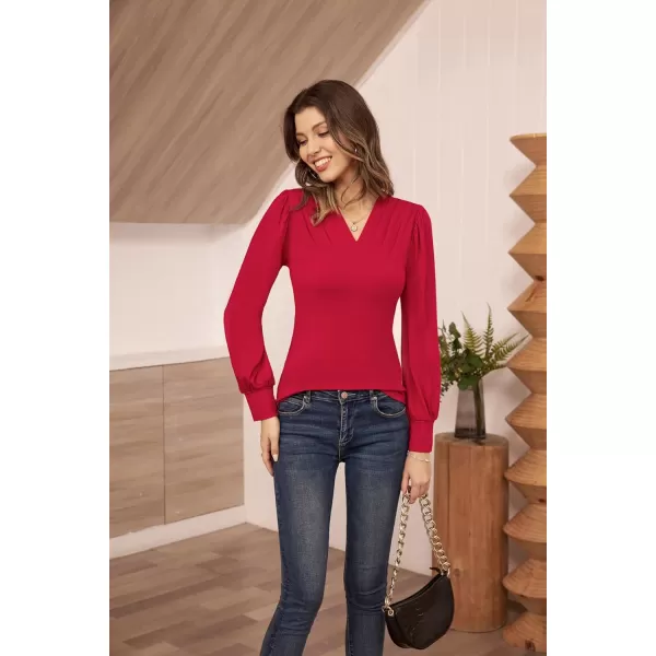 GRACE KARIN Womens Long Sleeve Shirts VNeck Ruch Slim Fit BlousesRed