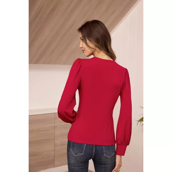 GRACE KARIN Womens Long Sleeve Shirts VNeck Ruch Slim Fit BlousesRed