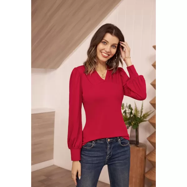 GRACE KARIN Womens Long Sleeve Shirts VNeck Ruch Slim Fit BlousesRed