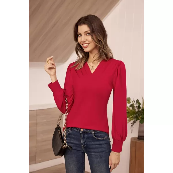 GRACE KARIN Womens Long Sleeve Shirts VNeck Ruch Slim Fit BlousesRed