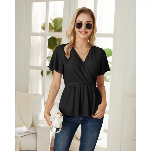 GRACE KARIN Womens Long Sleeve Tops V Neck Eyelet Top Peplum Blouse Casual Fall Wrap TopBlack