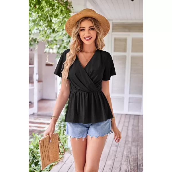 GRACE KARIN Womens Long Sleeve Tops V Neck Eyelet Top Peplum Blouse Casual Fall Wrap TopBlack