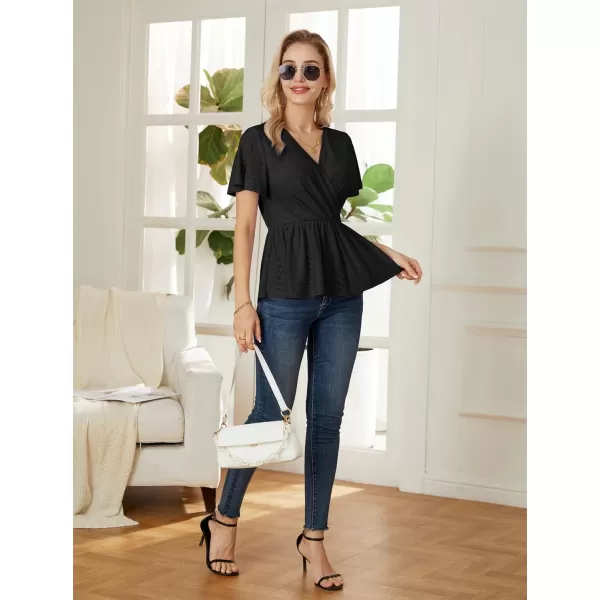 GRACE KARIN Womens Long Sleeve Tops V Neck Eyelet Top Peplum Blouse Casual Fall Wrap TopBlack