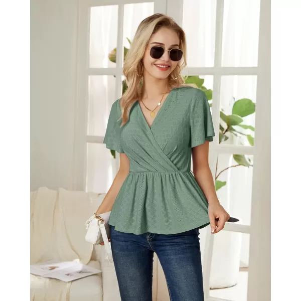 GRACE KARIN Womens Long Sleeve Tops V Neck Eyelet Top Peplum Blouse Casual Fall Wrap TopGreen