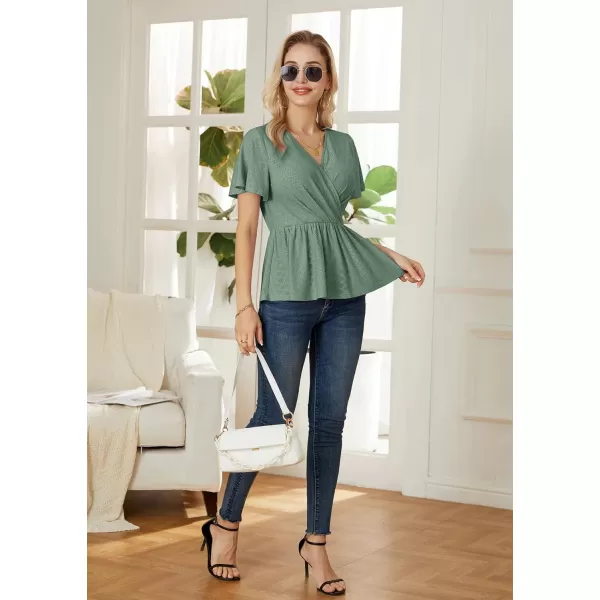 GRACE KARIN Womens Long Sleeve Tops V Neck Eyelet Top Peplum Blouse Casual Fall Wrap TopGreen