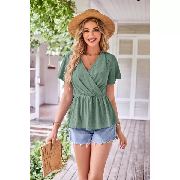 GRACE KARIN Womens Long Sleeve Tops V Neck Eyelet Top Peplum Blouse Casual Fall Wrap TopGreen