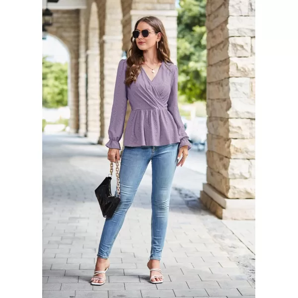 GRACE KARIN Womens Long Sleeve Tops V Neck Eyelet Top Peplum Blouse Casual Fall Wrap TopPurplelong Sleeve