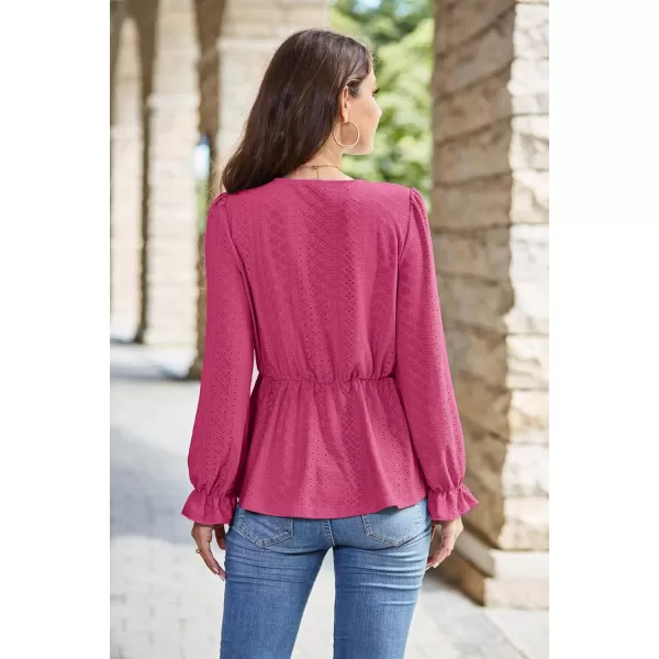 GRACE KARIN Womens Long Sleeve Tops V Neck Eyelet Top Peplum Blouse Casual Fall Wrap TopRose Redlong Sleeve